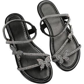 GORGLITTER Women's Sparkly Rhinestone Flat Sandals Glitter Bling Butterfly Strappy Open Toe Slides