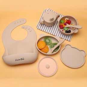Silicone feeding set for babies | Weaning assistance | 6-pieces | Dinnerware with suction bowl, baby plate, baby cups, bib for baby, spoon & fork | Color green