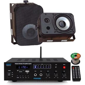 Pyle PFA600BU Compact Bluetooth USB AUX FM Radio Public Address Amplifier Receiver System Combo Bundle with 2X 5.25 400W Max Power Indoor/Outdoor Black Waterproof Speakers, 16 Gauge Speaker Wire