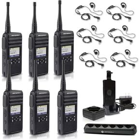 Motorola DTR700 Digital 2-Way Radio (50 Channels) (DTR700) + Multi-Unit Charger + 6 x Motorola HKLN4604 PTT Earpiece (6-Pack)
