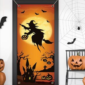 Halloween Witch Door Cover Witch Backdrop Banner Witch Decorations Halloween Door Decorations Halloween Wall Decoration Sign for Front Door Window Wall Halloween Party Supplies