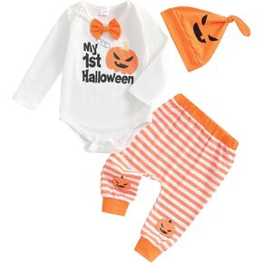 Newborn Baby Boy Halloween Outfits Pumpkin Season Embroidery Long Sleeve Romper Pants Hat Set Cute 3Pcs Clothes