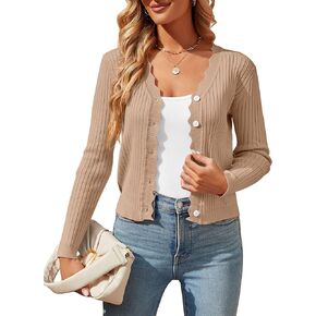 سترة صوفية نسائية من Shermia بأكمام قصيرة ورقبة على شكل حرف V وزر سفلي قصير بوليرو تتغاضى عن ملابس كروشيه خفيفة الوزن ملابس خارجية Z-Khaki in Kuwait