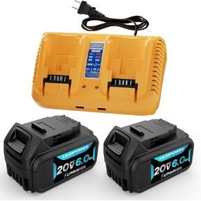 2Pack 20V 6.0Ah Battery Replacement for Dewalt 20V Max Battery and DCB102 Charger Combo Compatible with Flexvolt 20V/60V Battery DCB206 DCD/DCF/DCG/DCS Cordless Power Tools