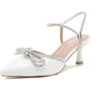Womens Rhinestone Bow Heels, Slingback Low Kitten Heel Pumps Sparkly Closed Pointed Toe Ankle Strap Formal Evening Wedding Dress Party Shoes