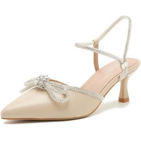 Womens Rhinestone Bow Heels, Slingback Low Kitten Heel Pumps Sparkly Closed Pointed Toe Ankle Strap Formal Evening Wedding Dress Party Shoes