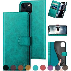 for iPhone 13 6.1" Genuine Leather Wallet case 【RFID Blocking】【4 Credit Card Holder】【Real Leather】 Flip Folio Book Phone case Protective Cover Women Men for Apple 13 case Light Brown