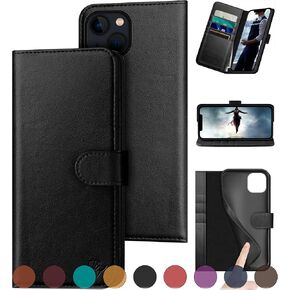 for iPhone 13 6.1" Genuine Leather Wallet case 【RFID Blocking】【4 Credit Card Holder】【Real Leather】 Flip Folio Book Phone case Protective Cover Women Men for Apple 13 case Light Brown