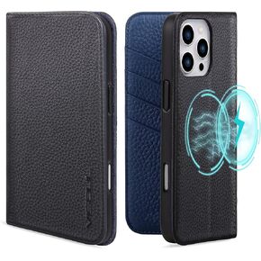 حافظة محفظة VISOUL لهاتف iPhone 16 Pro Max، حافظة محفظة من الجلد الأصلي مرصوفة بالحصى مع حامل بطاقة، حافظة هاتف مغناطيسية، غطاء قابل للطي مع مسند لهاتف iPhone 16 Pro Max (6.9 بوصة) - أسود + أحمر