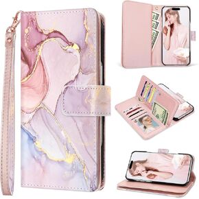 Fingic for iPhone 16 Plus Case,for iPhone 16 Plus Wallet Case for Women Girl[with 9 Card Holder]Marble Rose Gold PU Leather Detachable Wrist Strap Slim Shockproof Flip Case for iPhone 16 Plus,6.7"2024