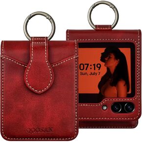 Qoosan Galaxy Z Flip 6 Wallet Case with Ring Card Holder Protective Leather Cover Phone Case for Women and Men, Burgundy