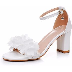 Crystal Queen 3 Inches Block Heel Sandals Chunky High Heels Sandals White Flowers Bridal Wedding Shoes White Ivory Wedding Sandals Pump Heels For Bride