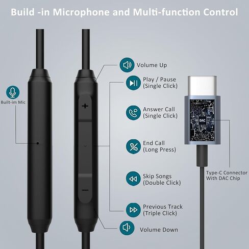 USB C Headphones for Samsung Galaxy A55 A35 A54 A53 S24 Ultra S23 S22 S21 FE S20 Google Pixel 9 Pro/8 Pro/iPhone 15/15 Pro/15 Plus Magnetic Wired Earbuds in-Ear Type C Earphones Mic Volume Control in Kuwait