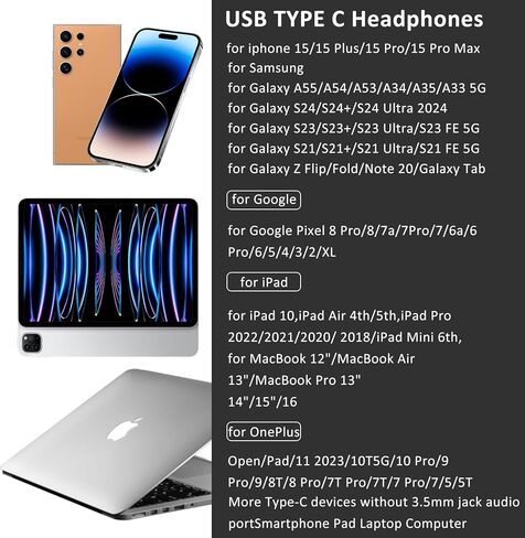 USB C Headphones for Samsung Galaxy A55 A35 A54 A53 S24 Ultra S23 S22 S21 FE S20 Google Pixel 9 Pro/8 Pro/iPhone 15/15 Pro/15 Plus Magnetic Wired Earbuds in-Ear Type C Earphones Mic Volume Control in Kuwait