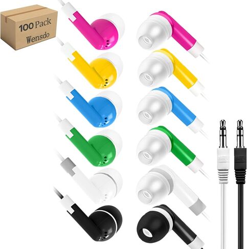 100 Packs Earbuds Bulk Classroom Headphones, Individually Bagged, Wholesale Students Wired Earphones with 3.5 mm Jack for Classroom School Library Museums and More(Mixed Colors) in Saudi Arabia