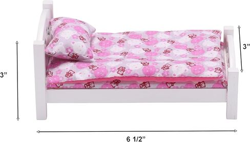 Dollhouse Furniture Mini Kid’s Bed Set, Realistic Bedroom Accessories for 6 inch Dolls, Pink Bedding, White Wood, 1/12 Scale in Kuwait