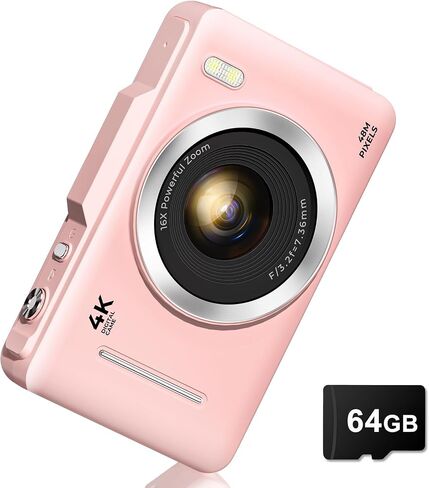 Digital Camera, Upgrade FHD 1080P Digital Camera for Kids with 64 GB SD Card,16X Zoom Anti-Shake, Compact Small Camera for Teens Adult Beginner Idea Christmas Birthdays Gift,Pink in Saudi Arabia