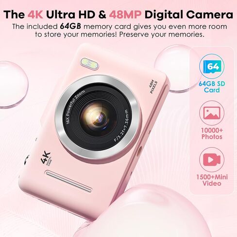 Digital Camera, Upgrade FHD 1080P Digital Camera for Kids with 64 GB SD Card,16X Zoom Anti-Shake, Compact Small Camera for Teens Adult Beginner Idea Christmas Birthdays Gift,Pink in Saudi Arabia