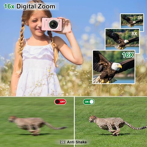 Digital Camera, Upgrade FHD 1080P Digital Camera for Kids with 64 GB SD Card,16X Zoom Anti-Shake, Compact Small Camera for Teens Adult Beginner Idea Christmas Birthdays Gift,Pink in Saudi Arabia