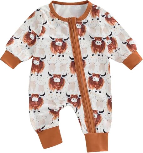 Western Baby Girl Boy Clothes Long Sleeve Cow Print Zipper Jumpsuit Romper Bodysuit One Piece Fall Winter Outfit in Saudi Arabia
