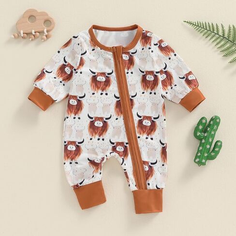 Western Baby Girl Boy Clothes Long Sleeve Cow Print Zipper Jumpsuit Romper Bodysuit One Piece Fall Winter Outfit in Saudi Arabia
