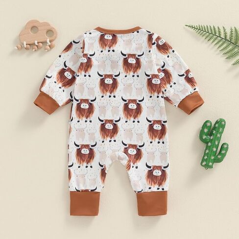 Western Baby Girl Boy Clothes Long Sleeve Cow Print Zipper Jumpsuit Romper Bodysuit One Piece Fall Winter Outfit in Saudi Arabia