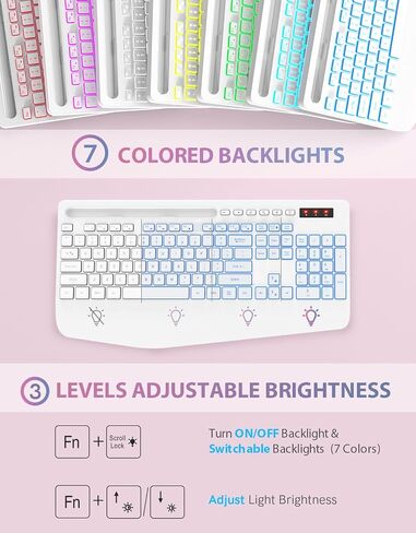 Trueque Wireless Keyboard with 7 Colored Backlits, Wrist Rest, Phone Holder, Rechargeable Ergonomic Keyboard with Silent Light Up Keys, Cordless Computer Keyboard for Windows, Mac, Laptop in Saudi Arabia