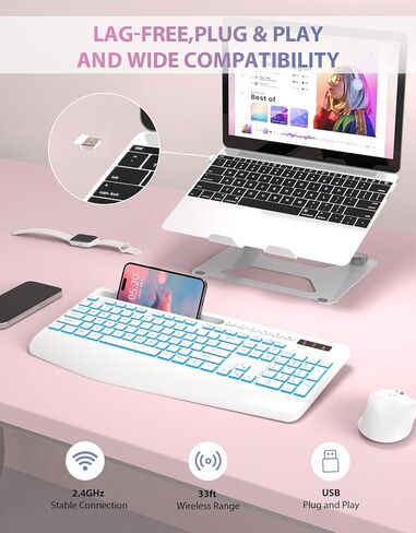 Trueque Wireless Keyboard with 7 Colored Backlits, Wrist Rest, Phone Holder, Rechargeable Ergonomic Keyboard with Silent Light Up Keys, Cordless Computer Keyboard for Windows, Mac, Laptop in Saudi Arabia