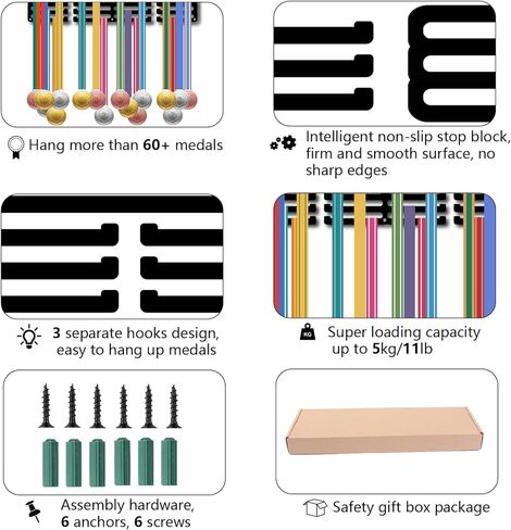 CREATCABIN ميدالية الجمباز عرض ميدالية حامل رف منظم رياضي معدني معلق حديد جدار جبل ديكور ميدالية الشماعات مع 12 خطافًا للعداء ماراثون ميدالية أسود 15.7 × 6 بوصة in Kuwait