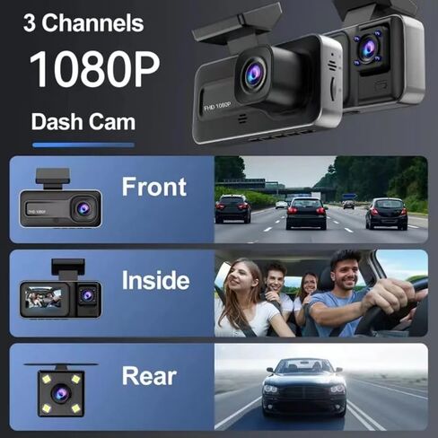Shkalacar Dash Cam أمامي وخلفي 1080P DVR، مع 2/3 كاميرات أمامية (وداخلية) ومسجل قيادة الكاميرا الخلفية مع شاشة IPS 2 بوصة وزاوية واسعة 170 درجة تدعم تصادم الرؤية الليلية الواضحة in Saudi Arabia