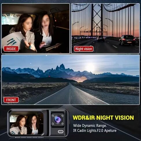 Shkalacar Dash Cam أمامي وخلفي 1080P DVR، مع 2/3 كاميرات أمامية (وداخلية) ومسجل قيادة الكاميرا الخلفية مع شاشة IPS 2 بوصة وزاوية واسعة 170 درجة تدعم تصادم الرؤية الليلية الواضحة in Saudi Arabia