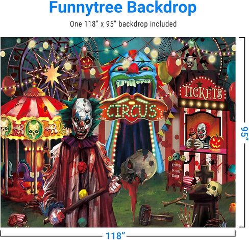Funnytree 7x5ft هالوين الشر السيرك موضوع خلفية للتصوير الفوتوغرافي مهرج زاحف كرنفال مسكون منزل رعب مخيف حفلة عيد ميلاد زينة راية ديكور المنزل صور كشك الدعائم الخلفية in Saudi Arabia