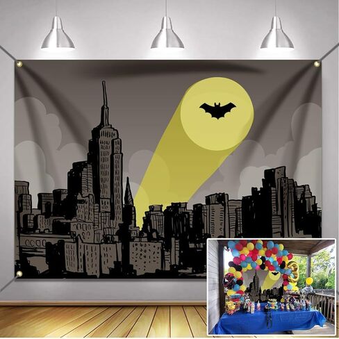 Bat Superhero City Scape Backdrop 6x4ft Full Moon Skyline Hero Party Polyester Banner Kid Adult Super Hero Birthday Party Cake Table Decoration Room Wall Decor Tapestry Photo Background in Kuwait