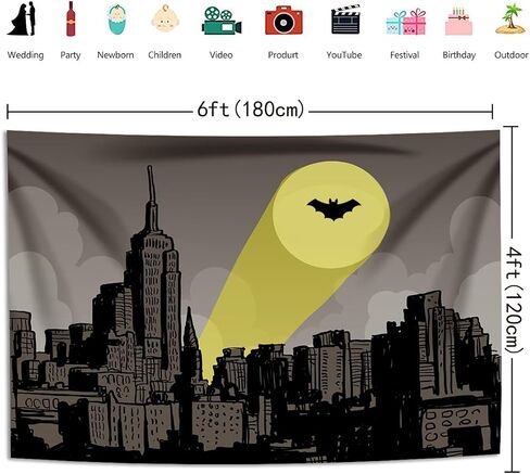 Bat Superhero City Scape Backdrop 6x4ft Full Moon Skyline Hero Party Polyester Banner Kid Adult Super Hero Birthday Party Cake Table Decoration Room Wall Decor Tapestry Photo Background in Kuwait