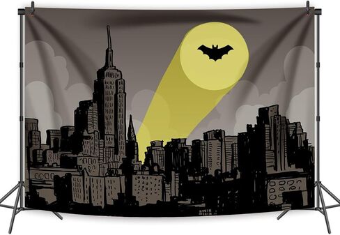 Bat Superhero City Scape Backdrop 6x4ft Full Moon Skyline Hero Party Polyester Banner Kid Adult Super Hero Birthday Party Cake Table Decoration Room Wall Decor Tapestry Photo Background in Kuwait