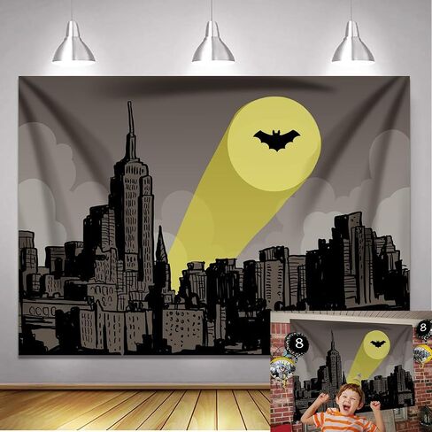 Bat Superhero City Scape Backdrop 6x4ft Full Moon Skyline Hero Party Polyester Banner Kid Adult Super Hero Birthday Party Cake Table Decoration Room Wall Decor Tapestry Photo Background in Kuwait
