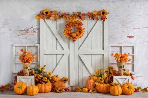 Kate 7×5ft Fall Thanksgiving Fabric Photo Backdrop Photography White Plank Brick Wall Backdrop Pumpkin Maple Leaf Sunflower Decorative Background Studio Props for Photo Video Party in Saudi Arabia