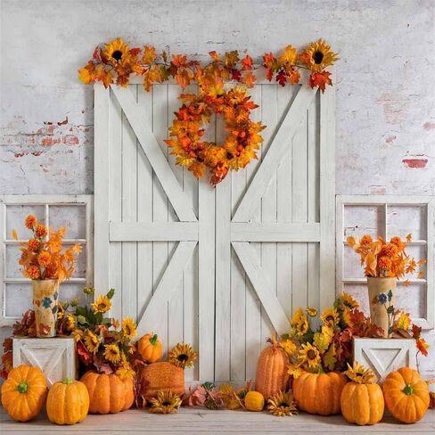Kate 7×5ft Fall Thanksgiving Fabric Photo Backdrop Photography White Plank Brick Wall Backdrop Pumpkin Maple Leaf Sunflower Decorative Background Studio Props for Photo Video Party in Saudi Arabia
