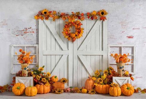 Kate 7×5ft Fall Thanksgiving Fabric Photo Backdrop Photography White Plank Brick Wall Backdrop Pumpkin Maple Leaf Sunflower Decorative Background Studio Props for Photo Video Party in Saudi Arabia