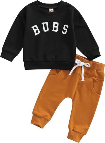 Toddler Baby Boy Fall Outfits BRO LITTLE DUDE BUBS Long Sleeve Sweatshirt Casual Pants 2Pcs Winter Clothes Set BUBS Black 12-18 Months in Kuwait