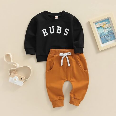 Toddler Baby Boy Fall Outfits BRO LITTLE DUDE BUBS Long Sleeve Sweatshirt Casual Pants 2Pcs Winter Clothes Set BUBS Black 12-18 Months in Kuwait