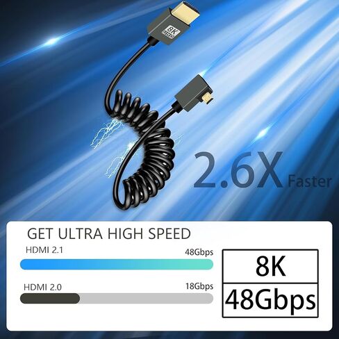 كابل GELRHONR ملفوف Micro HDMI إلى HDMI 8k، كابل Micro HDMI قصير ذكر إلى ذكر سلك رفيع مرن 48 جيجابت في الثانية عالي السرعة يدعم 3D 8K@60 هرتز، لبطاقة التقاط فيديو الكاميرا، تلفزيون (الزاوية اليمنى) in Saudi Arabia