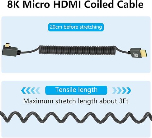كابل GELRHONR ملفوف Micro HDMI إلى HDMI 8k، كابل Micro HDMI قصير ذكر إلى ذكر سلك رفيع مرن 48 جيجابت في الثانية عالي السرعة يدعم 3D 8K@60 هرتز، لبطاقة التقاط فيديو الكاميرا، تلفزيون (الزاوية اليمنى) in Saudi Arabia