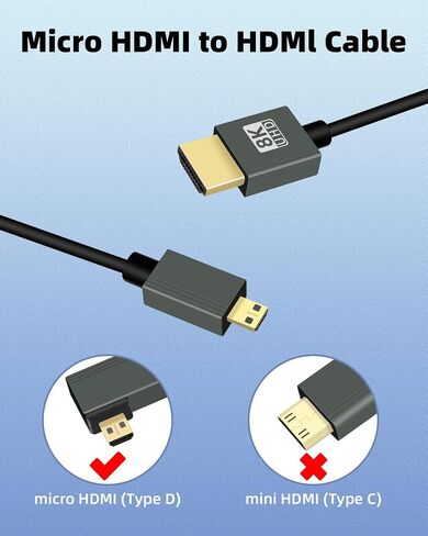 كابل GELRHONR ملفوف Micro HDMI إلى HDMI 8k، كابل Micro HDMI قصير ذكر إلى ذكر سلك رفيع مرن 48 جيجابت في الثانية عالي السرعة يدعم 3D 8K@60 هرتز، لبطاقة التقاط فيديو الكاميرا، تلفزيون (الزاوية اليمنى) in Saudi Arabia