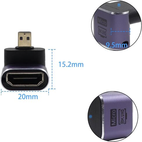 محول RIIEYOCA بزاوية 90 درجة يسار UHD 8K Micro HDMI إلى HDMI، قياسي 48 جيجابت في الثانية عالي السرعة 2.1 موسع Micro HDMI ذكر إلى HDMI أنثى يدعم 8K@60 هرتز، 4K@120 هرتز لأجهزة الكمبيوتر المحمول، والكاميرات، وDSLR (عبوتان) in Kuwait