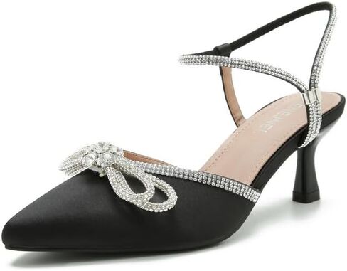 Womens Rhinestone Bow Heels, Slingback Low Kitten Heel Pumps Sparkly Closed Pointed Toe Ankle Strap Formal Evening Wedding Dress Party Shoes in Saudi Arabia