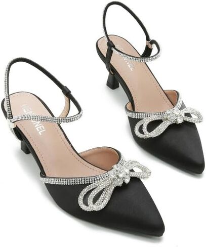 Womens Rhinestone Bow Heels, Slingback Low Kitten Heel Pumps Sparkly Closed Pointed Toe Ankle Strap Formal Evening Wedding Dress Party Shoes in Saudi Arabia