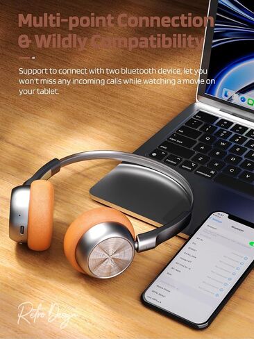iKF-R1 Retro Headphones Bluetooth 5.4 Hi-Fi Sound Custom EQ via App 60H Playtime Comfortable Fit Multipoint Connection Lightweight Vintage Headphones (Brown) in Saudi Arabia