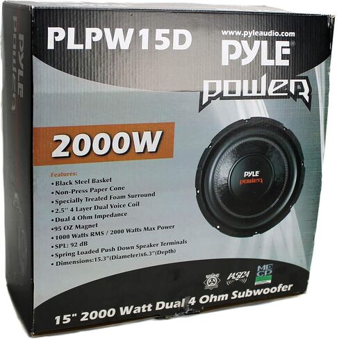 مضخم صوت السيارة Pyle PLPW15D مقاس 15 بوصة بقدرة 2000 وات DVC مع سلة فولاذية سوداء، ومخروط ورق غير مضغوط، ومقاومة مزدوجة 4 أوم (3 عبوات) in Saudi Arabia