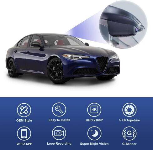 كاميرا Fitcamx الأمامية 4K+الخلفية 1080P مناسبة لـ Alfa Romeo Giulia & Stelvio 2017-2024، مظهر OEM متكامل، تطبيق WiFi وتطبيق مدمج، فيديو عالي الدقة مزدوج، تسجيل حلقة، وضع انتظار السيارات، سهل الضبط، بطاقة 128 جيجابايت in Kuwait
